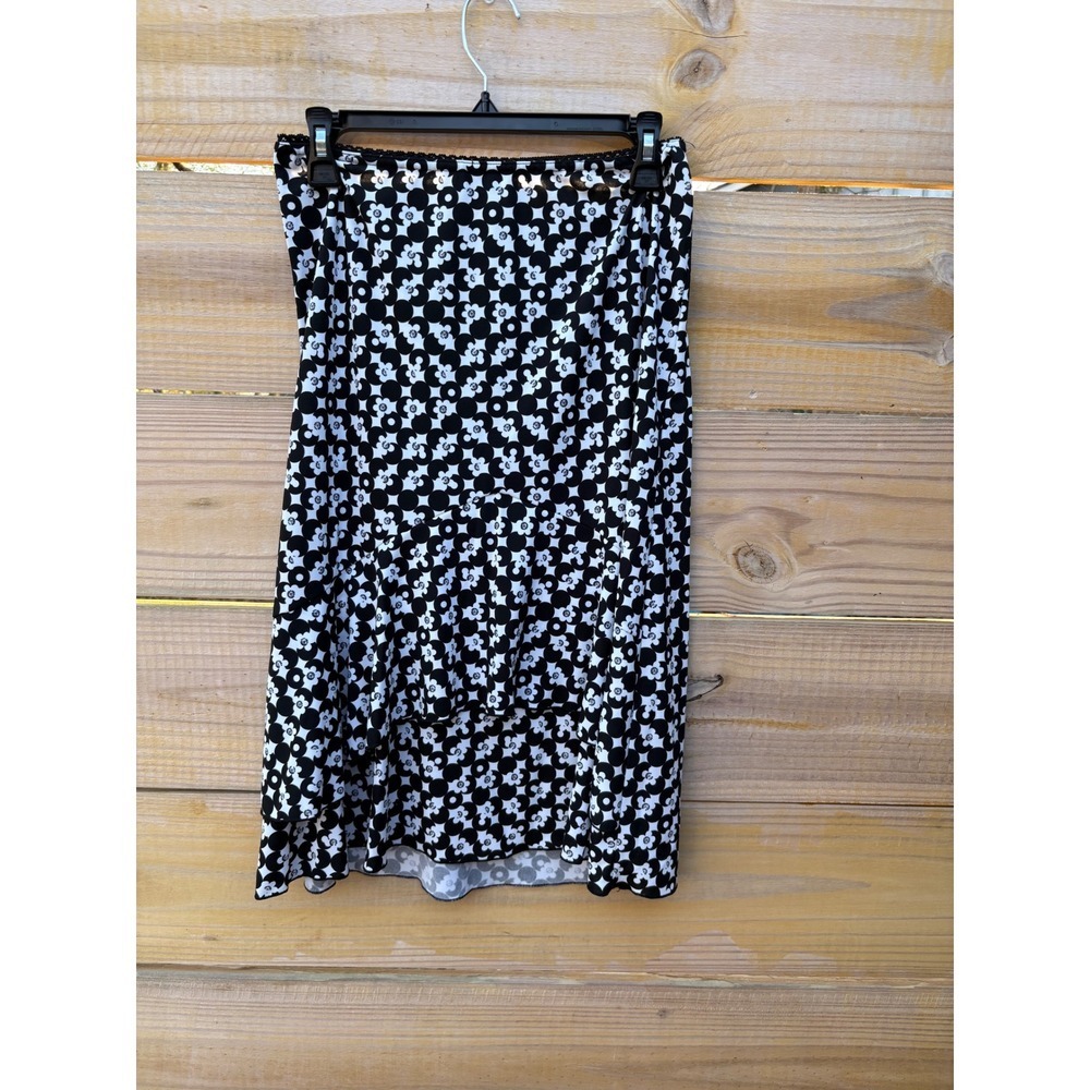 Paper Doll Black White Mod Floral Tiered High Low Midi Skirt Lace Trim Medium